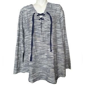 New St.John's Bay Blouse Blue Navy  White Stripe V neck Lace Up Neck